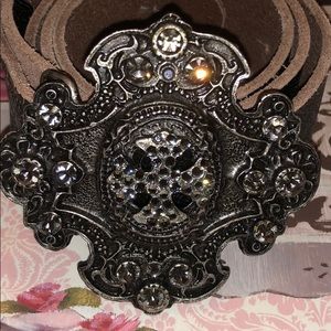 Women’s Rhinestone Buckle Dark Brown Leather Belt